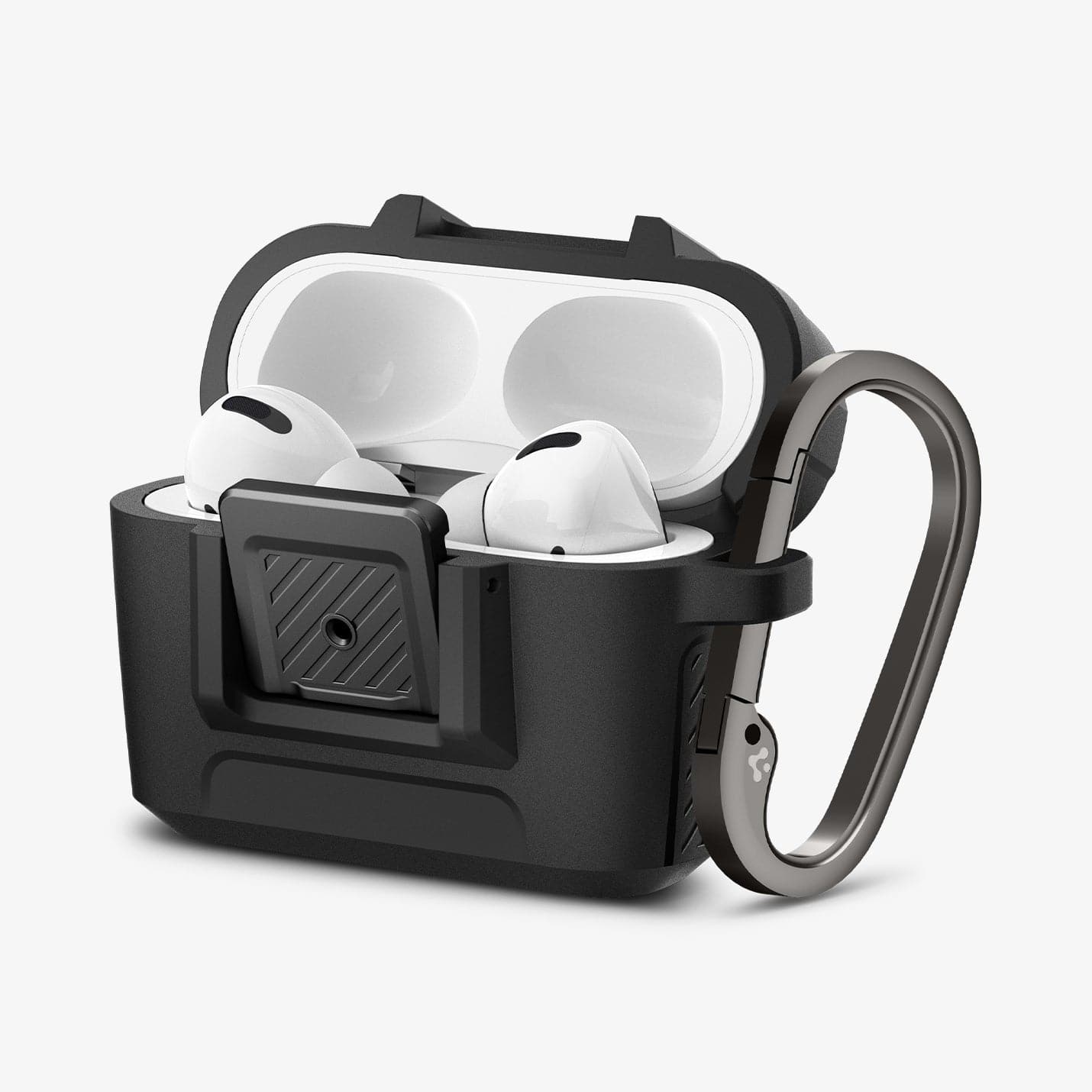 ACS04755 - Apple AirPods Pro Case Lock Fit in matte black showing the front and side with top open and AirPods inside