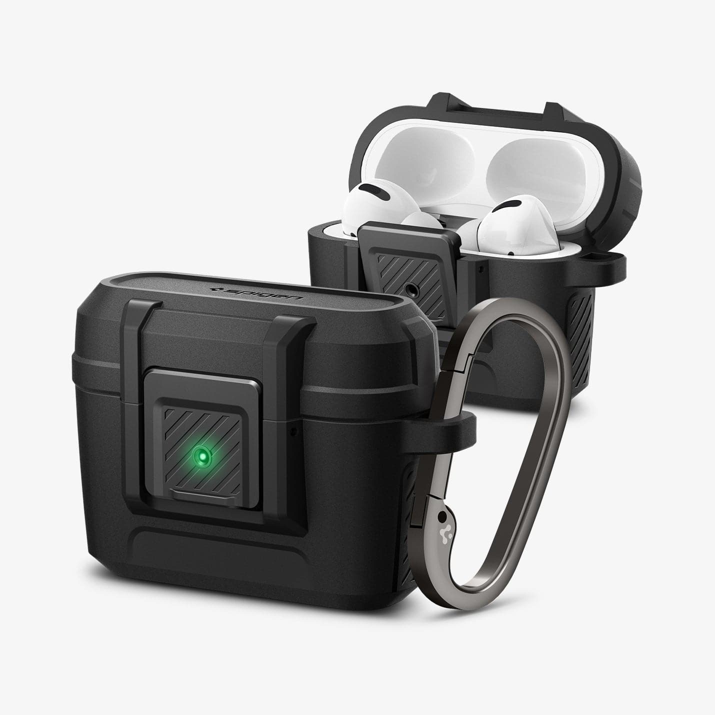 ACS04755 - Apple AirPods Pro Case Lock Fit in matte black showing the front and side with carabiner and a second case with top open and AirPods inside