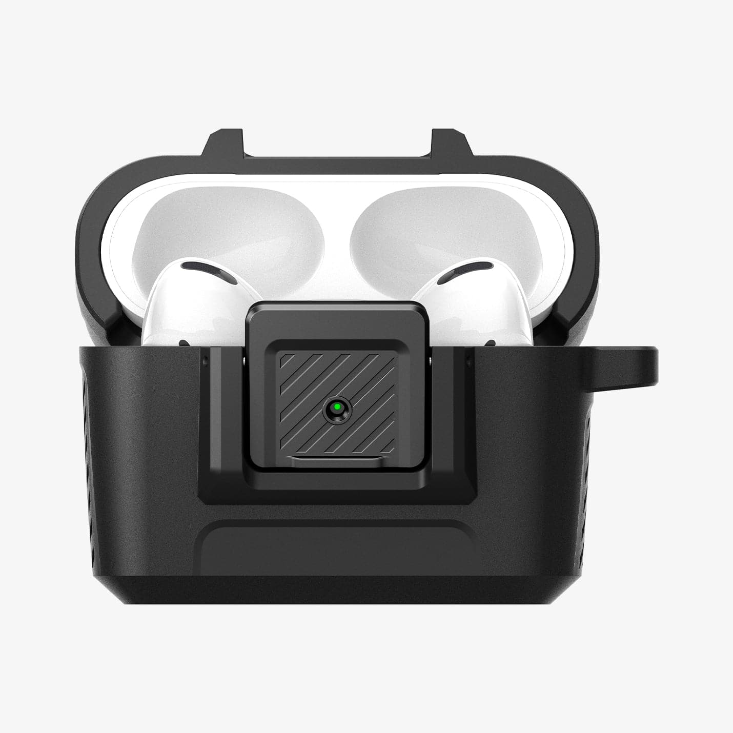 ACS04755 - Apple AirPods Pro Case Lock Fit in matte black showing the front with top open and AirPods inside