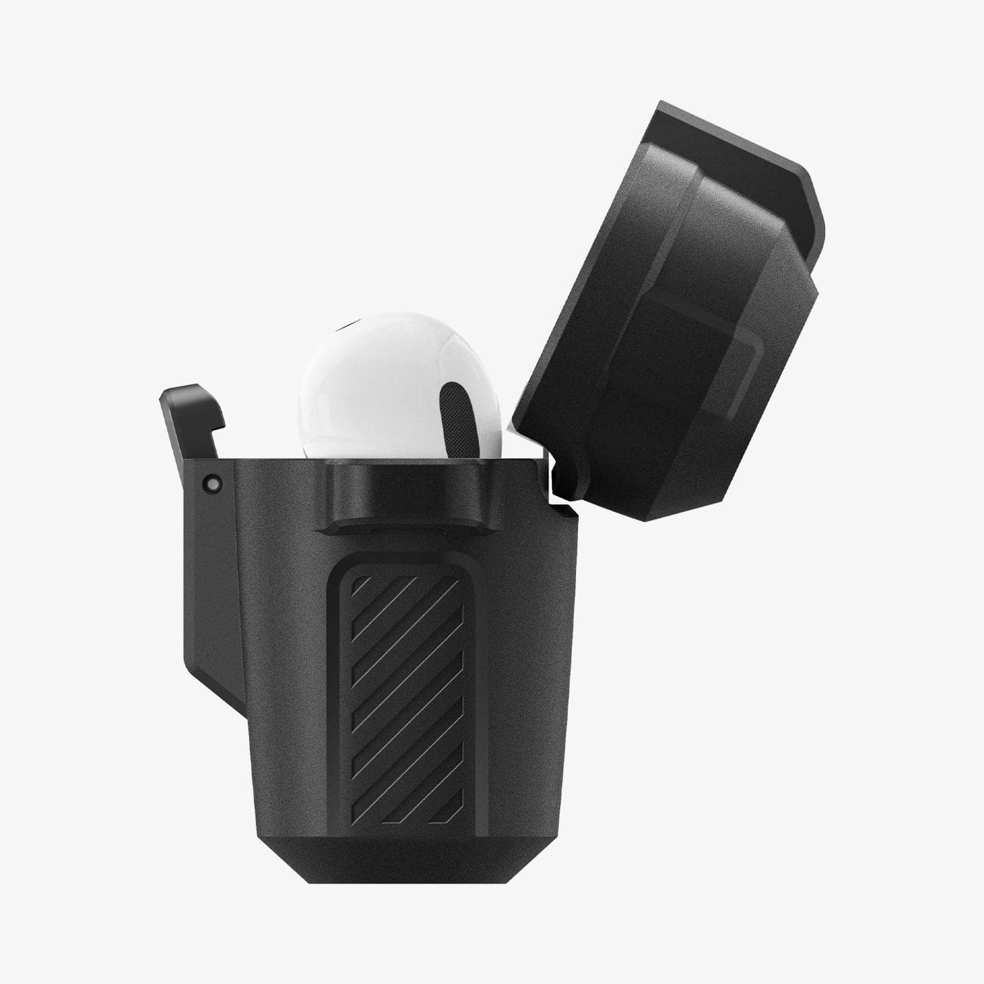 ACS04755 - Apple AirPods Pro Case Lock Fit in matte black showing the side with top open and AirPods inside