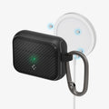 ACS03645 - Airpods Pro Mag Armor in black showing front, magnets, and magsafe charging stand