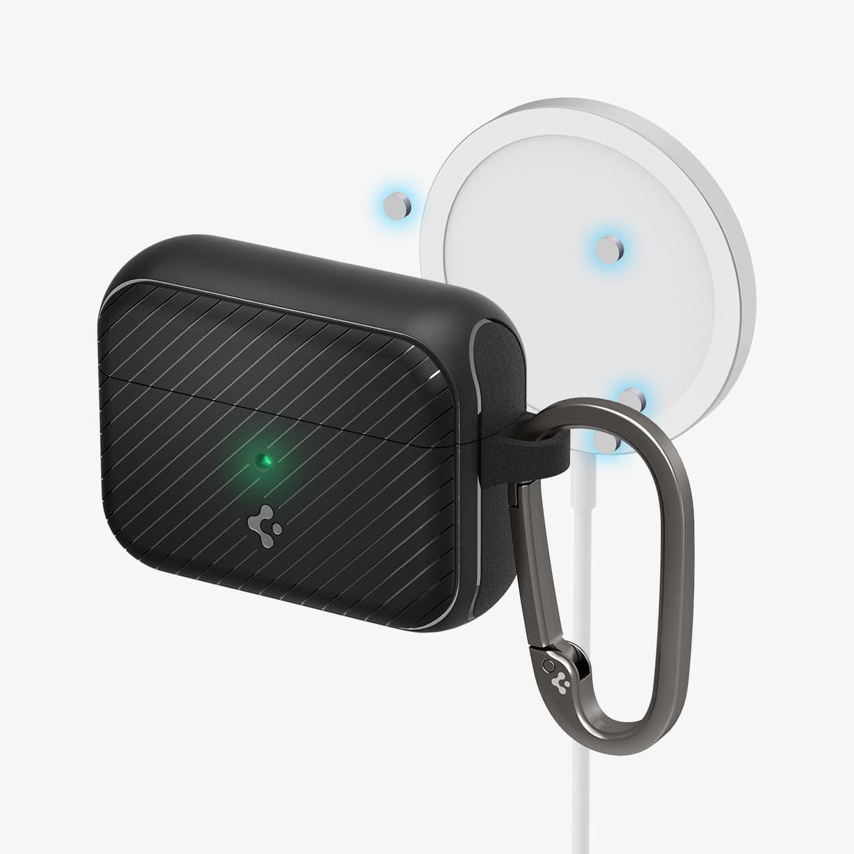ACS03645 - Airpods Pro Mag Armor in black showing front, magnets, and magsafe charging stand