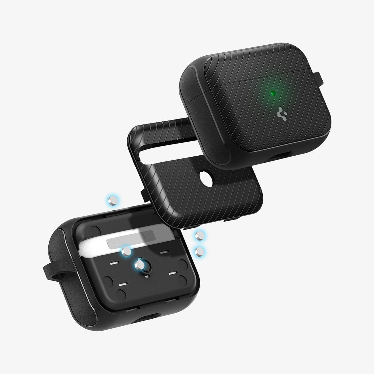 ACS03645 - Airpods Pro Mag Armor in black showing the magnetic back layers hovering behind case and front