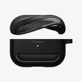 ASD00540 - Apple AirPods Pro Case Rugged Armor in matte black showing the top bending and hovering above the bottom of case