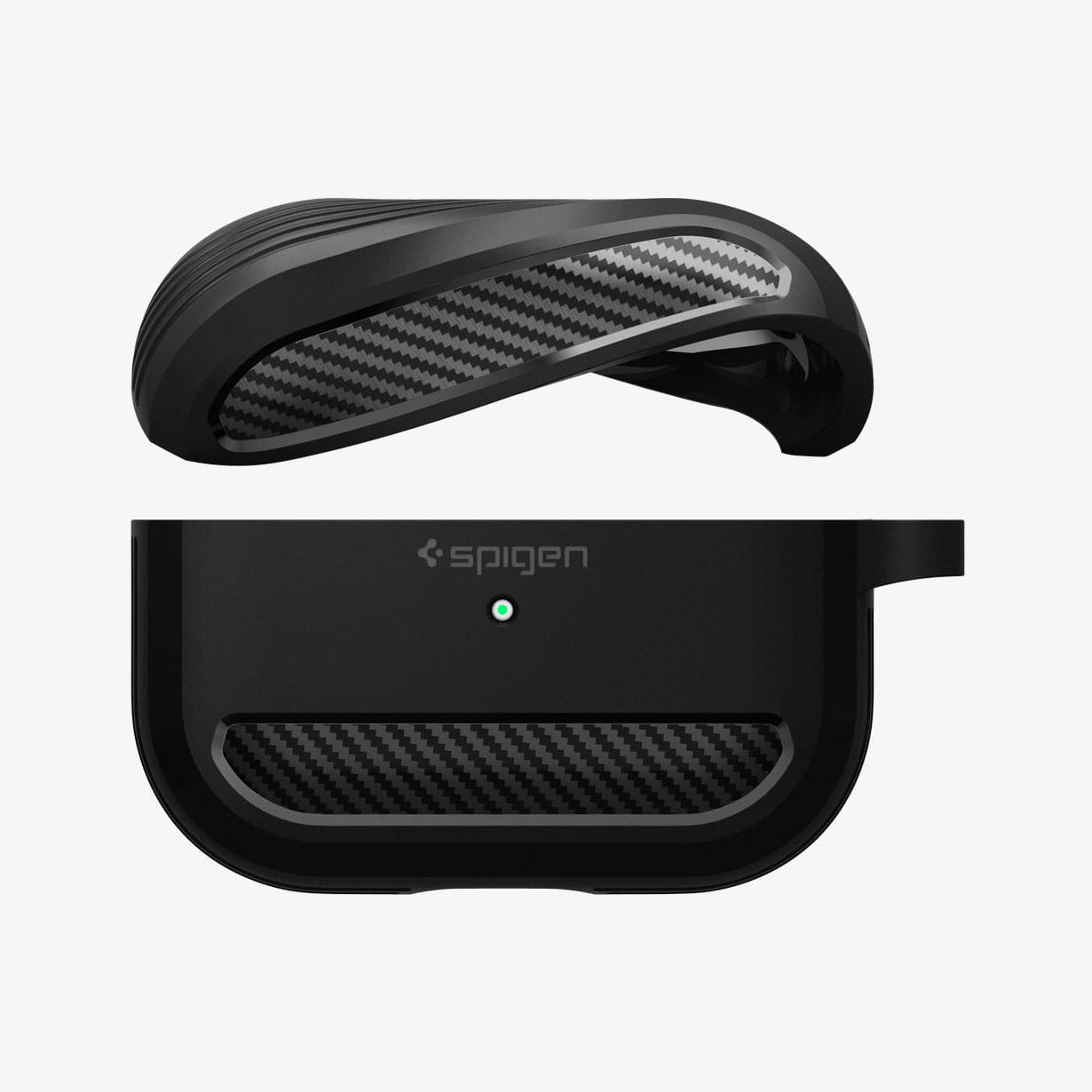 ASD00540 - Apple AirPods Pro Case Rugged Armor in matte black showing the top bending and hovering above the bottom of case