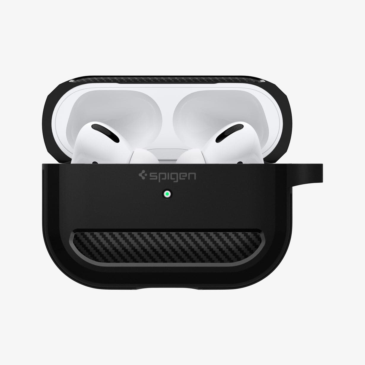ASD00540 - Apple AirPods Pro Case Rugged Armor in matte black showing the front with top open and AirPods inside