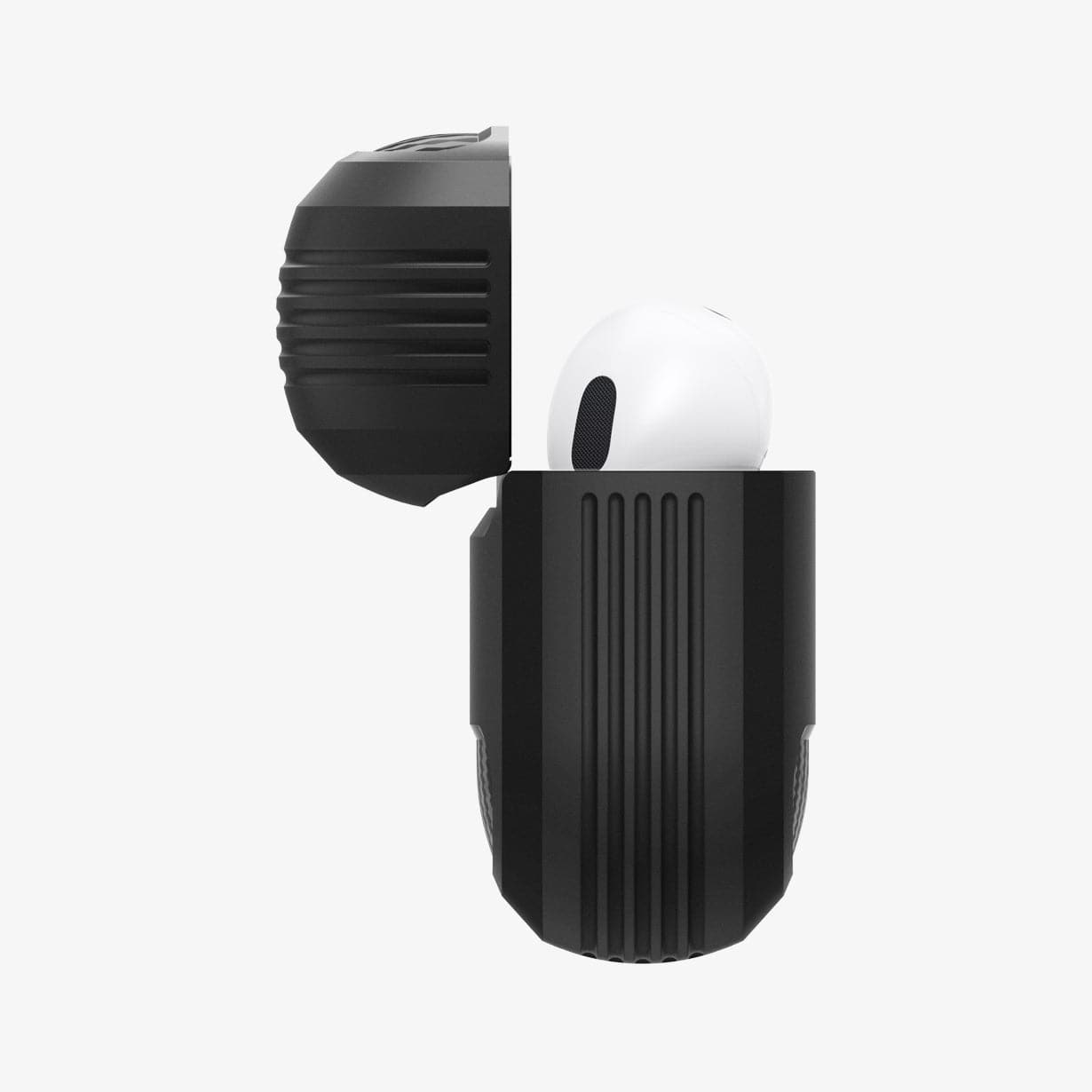 ASD00540 - Apple AirPods Pro Case Rugged Armor in matte black showing the side with top open and AirPods inside