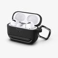 ASD00540 - Apple AirPods Pro Case Rugged Armor in matte black showing the front, carabiner and top open with AirPods inside