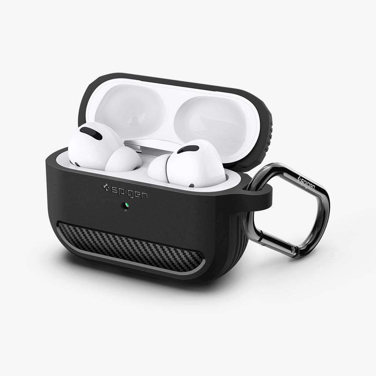 ASD00540 - Apple AirPods Pro Case Rugged Armor in matte black showing the front, carabiner and top open with AirPods inside