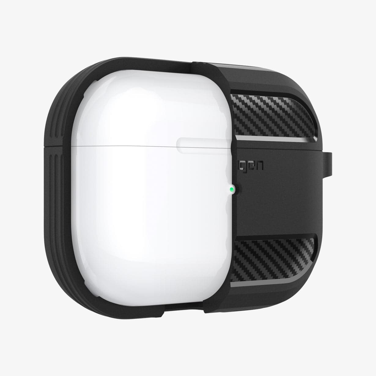 ASD00540 - Apple AirPods Pro Case Rugged Armor in matte black showing the front with case cut half open