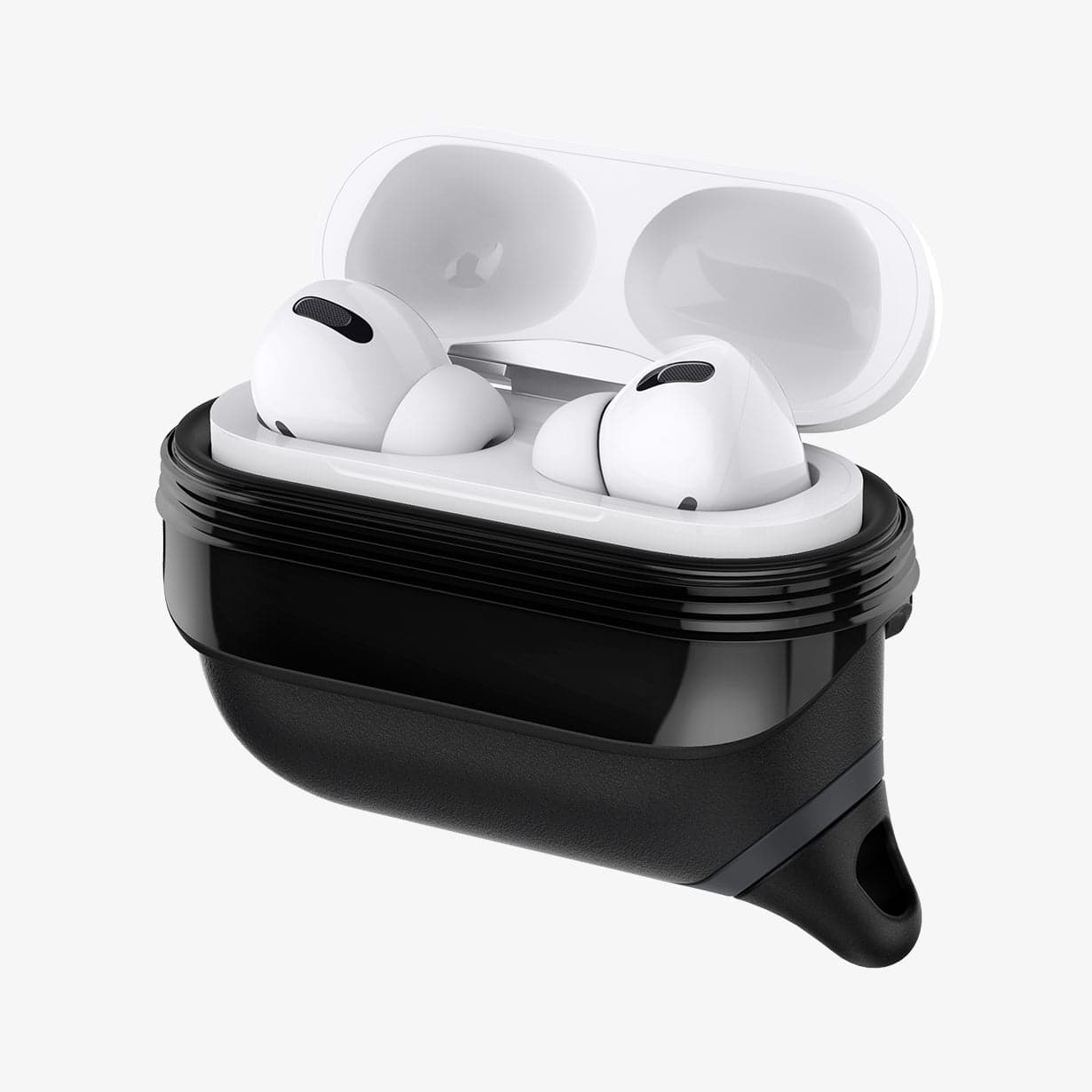 ASD00542 - Apple AirPods Pro / AirPods Pro 2 Case Slim Armor IP in black showing the front and side with two flaps pulled down with AirPods inside