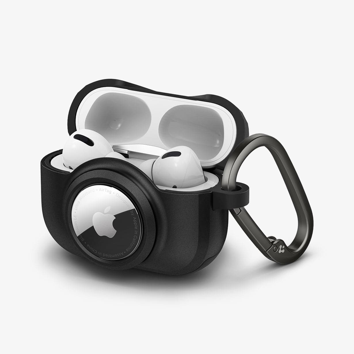 ACS03167 - Apple AirPods Pro Case Tag Armor Duo in black showing the front, side, carabiner and top open with AirPods inside