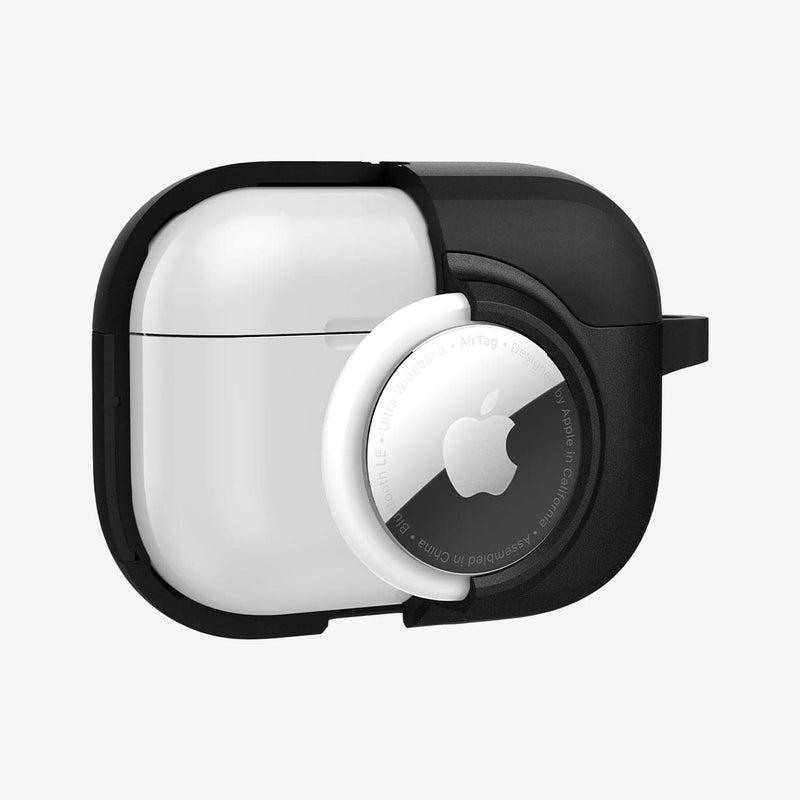 ACS03167 - Apple AirPods Pro Case Tag Armor Duo in black showing the front, AirTag in slot and case cut half open