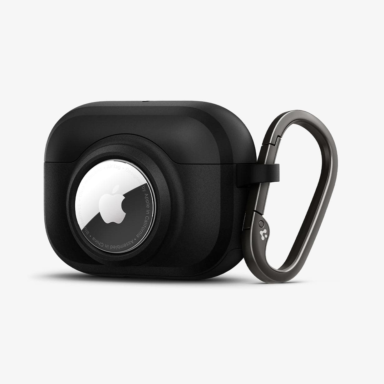 ACS03167 - Apple AirPods Pro Case Tag Armor Duo in black showing the front, side, AirTag in slot and carabiner
