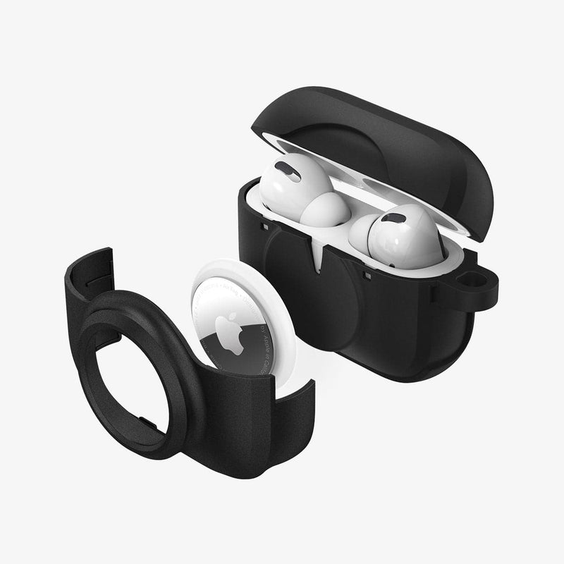 ACS03167 - Apple AirPods Pro Case Tag Armor Duo in black showing the airtag slot layer and airtag hovering in front of case