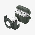 ACS04391 - Apple AirPods Pro Case Tag Armor Duo in military green showing the airtag slot layer and airtag hovering in front of case