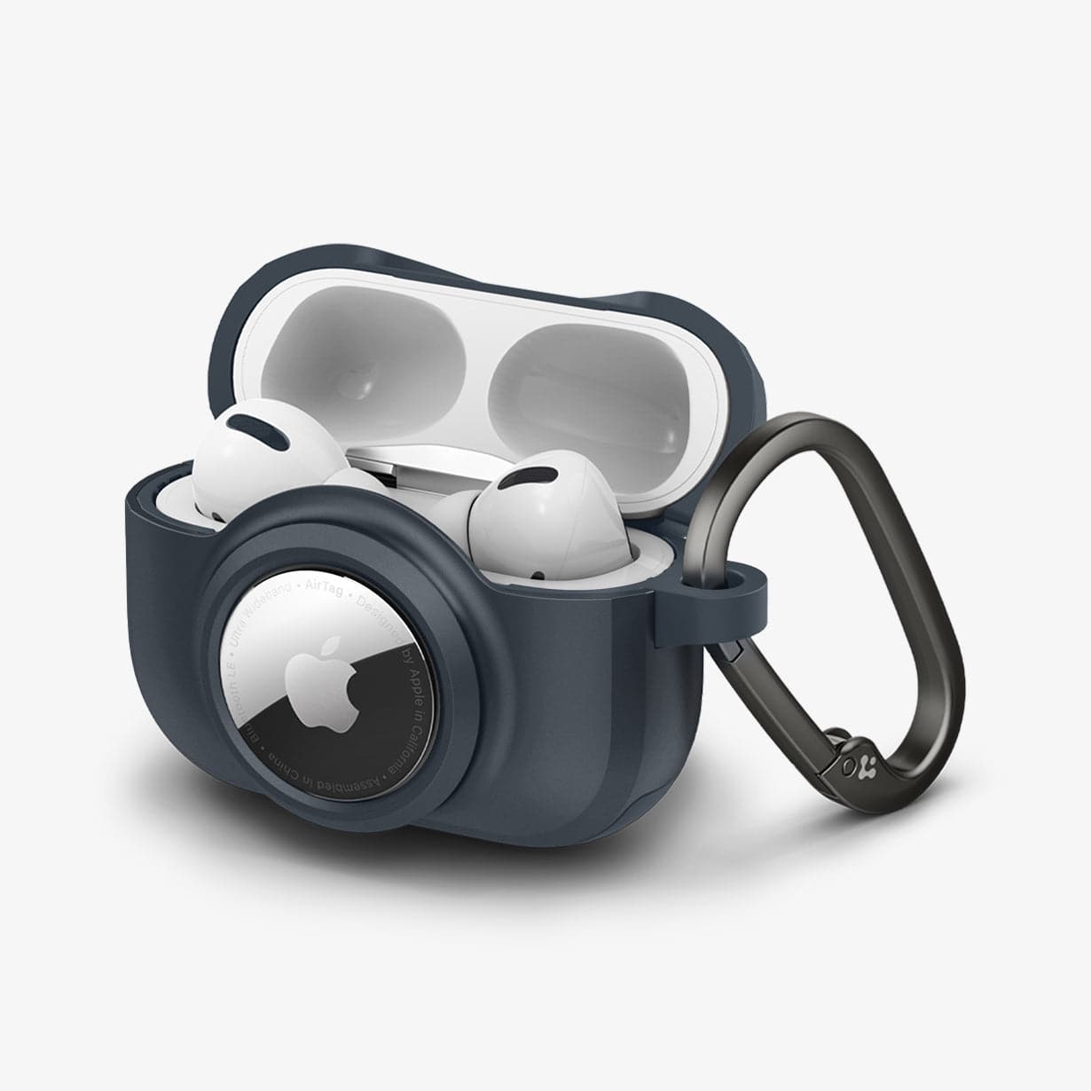 ACS04390 - Apple AirPods Pro Case Tag Armor Duo in metal slate showing the front, side, carabiner and top open with AirPods inside