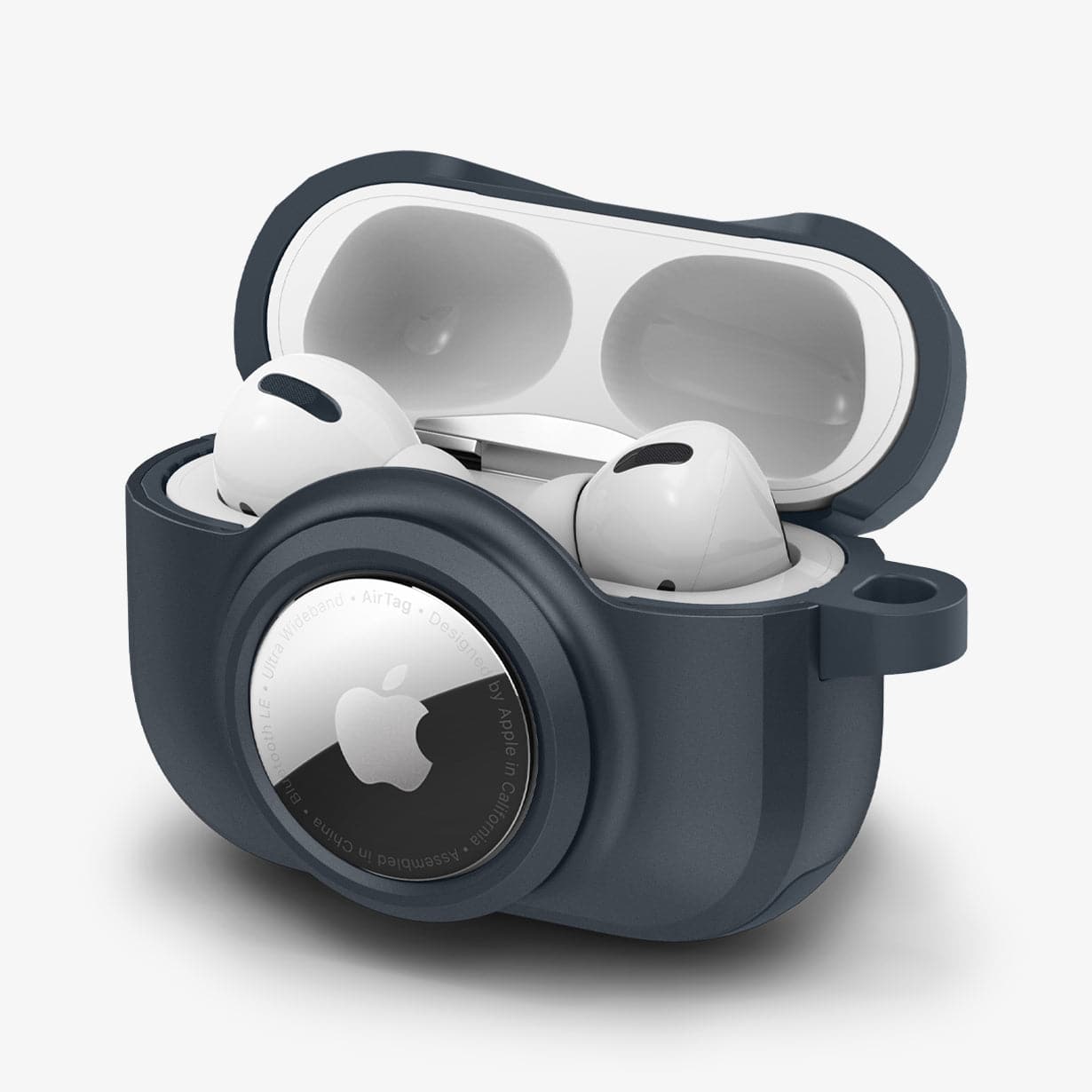 ACS04390 - Apple AirPods Pro Case Tag Armor Duo in metal slate showing the front and side with top open and AirPods inside