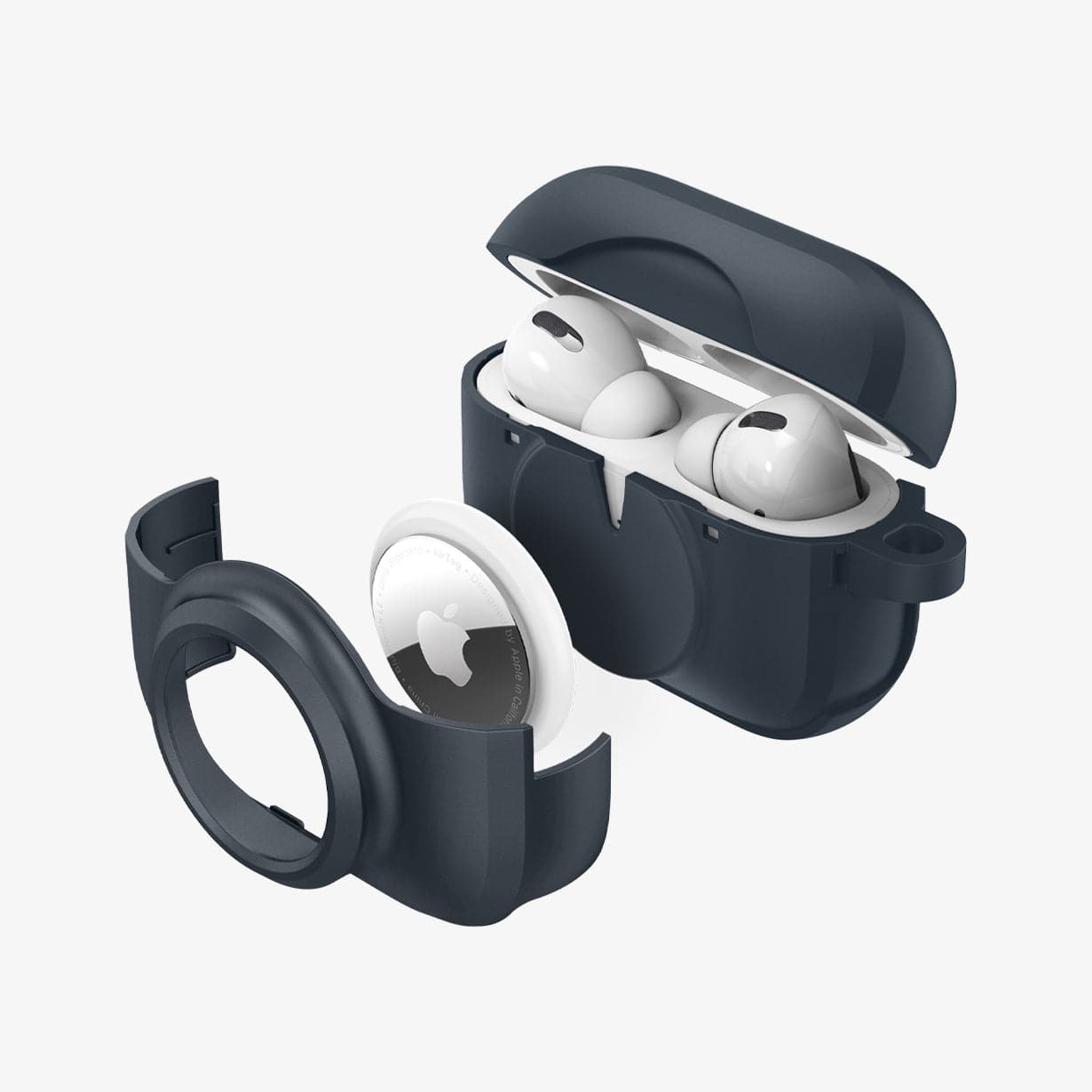 ACS04390 - Apple AirPods Pro Case Tag Armor Duo in metal slate showing the airtag slot layer and airtag hovering in front of case