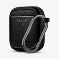 ASD01117 - Apple AirPods 1 / 2 Case Rugged Armor in matte black showing the front and side with carabiner