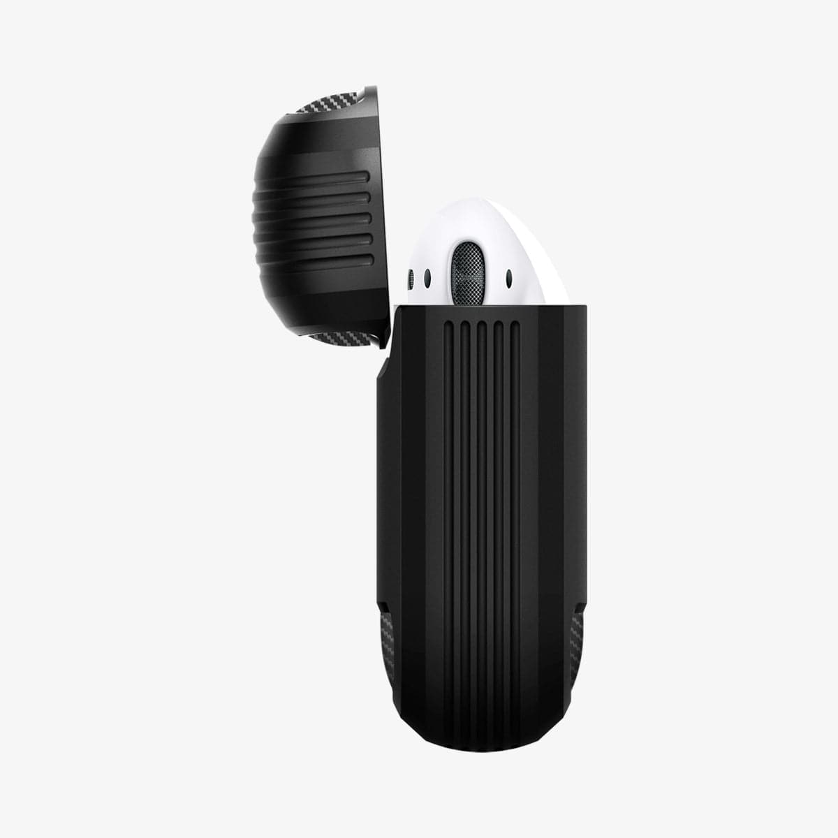 ASD01117 - Apple AirPods 1 / 2 Case Rugged Armor in matte black showing the side with top open and AirPods inside