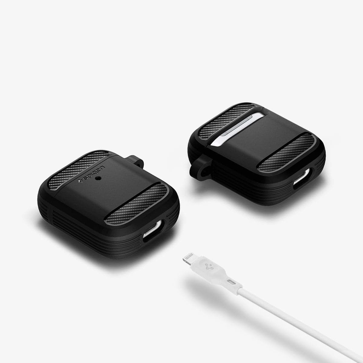 ASD01117 - Apple AirPods 1 / 2 Case Rugged Armor in matte black showing the front, back and sides with charging cable close to port