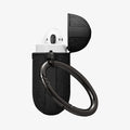 074CS27030 - Apple AirPods 1 / 2 Case Urban Fit in black showing the side, carabiner and top open with AirPods inside