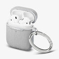 074CS27031 - Apple AirPods 1 / 2 Case Urban Fit in gray showing the front, side, carabiner and top open with AirPods inside