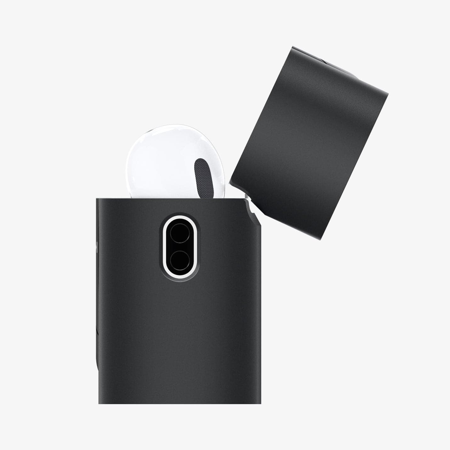 ACS05486 - Apple AirPods Pro 2 Case Classic Shuffle in charcoal showing the side with top open and AirPods inside
