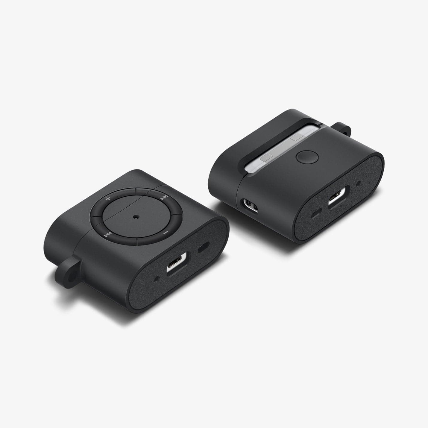 ACS05486 - Apple AirPods Pro 2 Case Classic Shuffle in charcoal showing the front, back and bottom