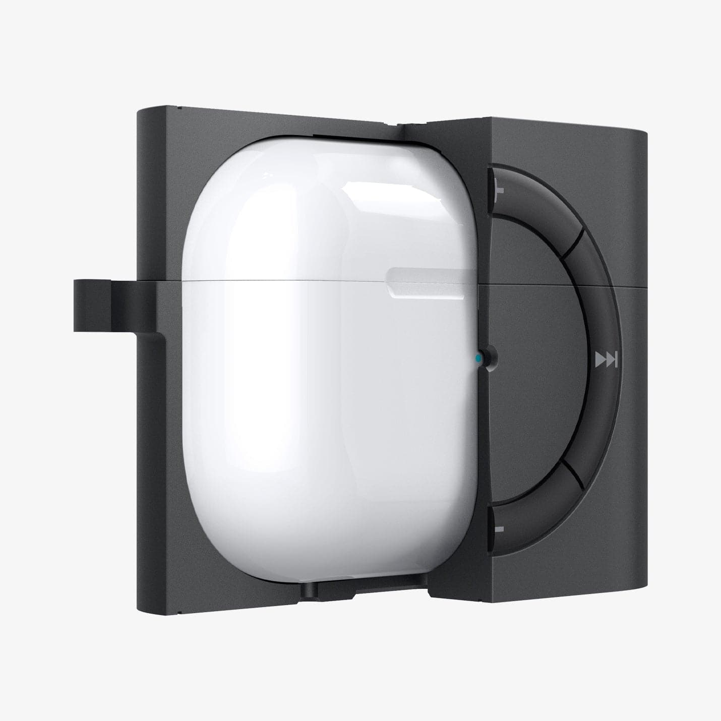 ACS05486 - Apple AirPods Pro 2 Case Classic Shuffle in charcoal showing the front with case cut half open
