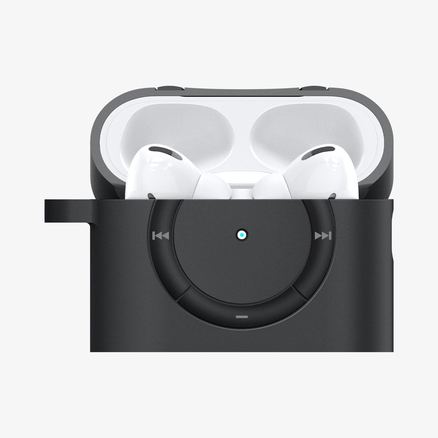ACS05486 - Apple AirPods Pro 2 Case Classic Shuffle in charcoal showing the front with top open and AirPods inside