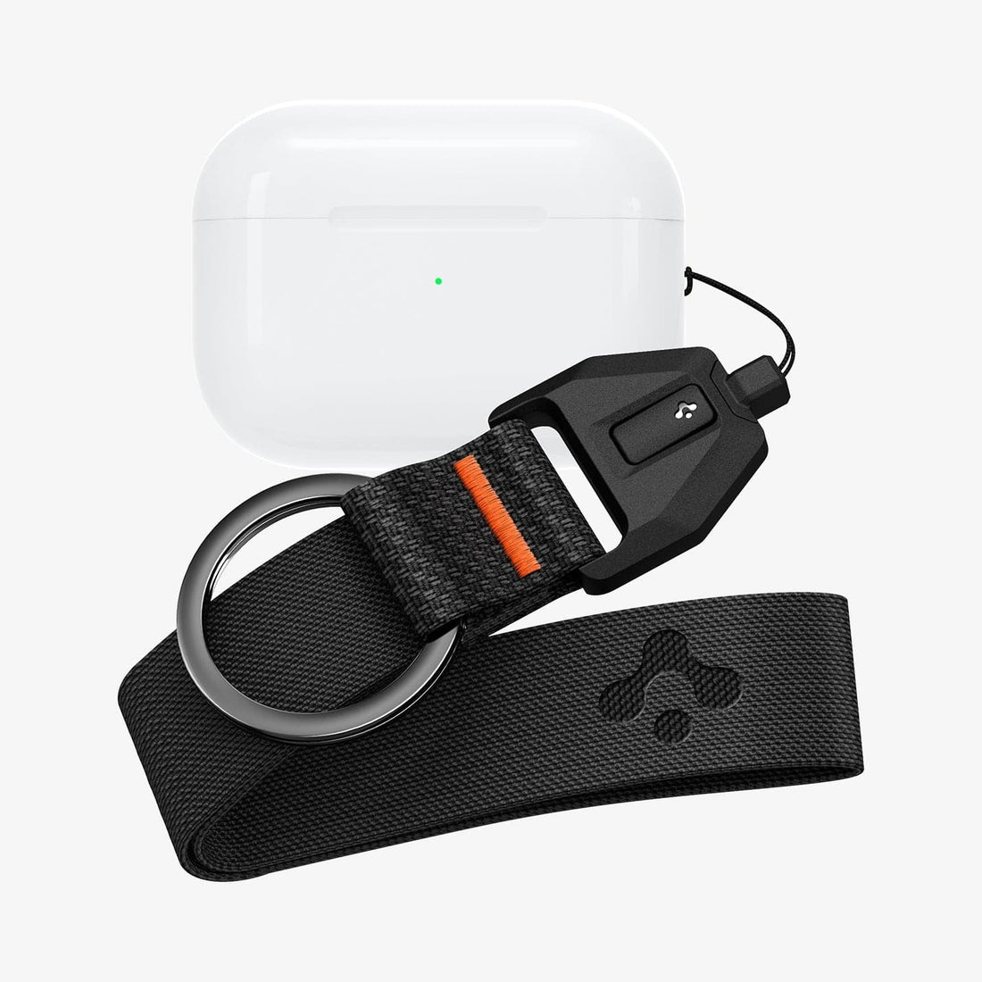ASD05860 - AirPods Series Lanyard + Keychain in black showing the lanyard attached to a iPhone
