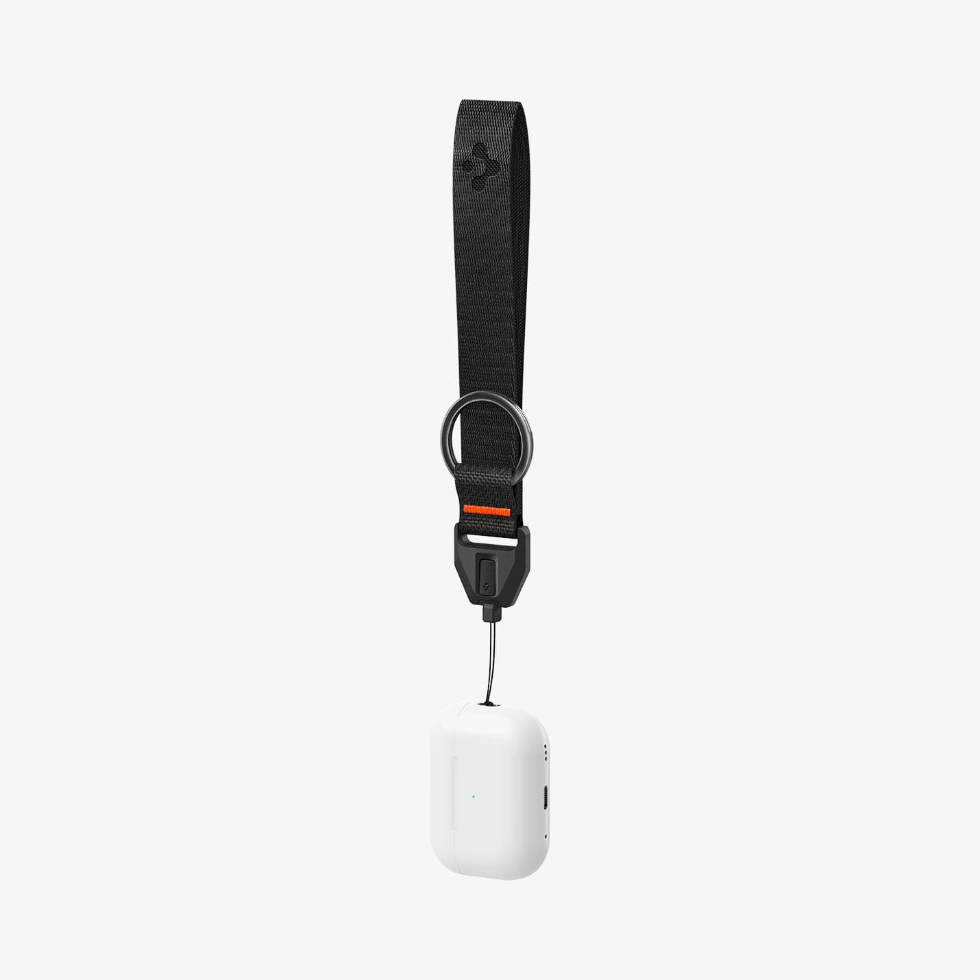 ASD05860 - AirPods Series Lanyard + Keychain in black showing the lanyard attached to AirPods