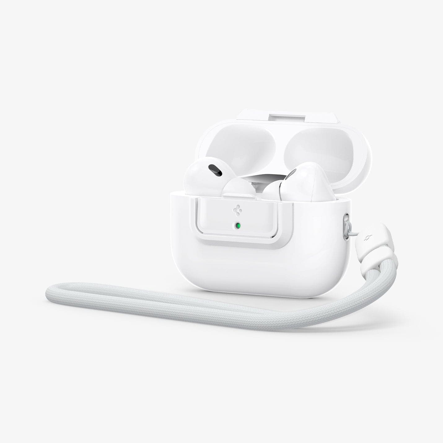 ASD06090 - Apple AirPods Pro / AirPods Pro 2 Case Lock Fit in white showing the front, side with lanyard and top open with AirPods inside