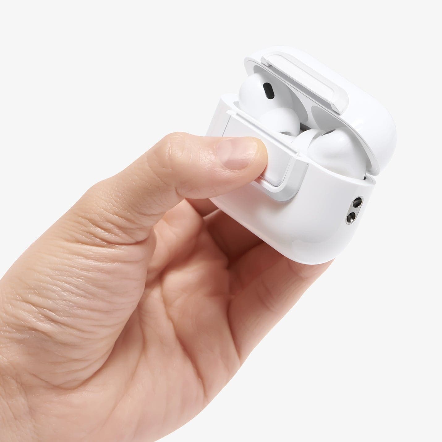 ASD06090 - Apple AirPods Pro / AirPods Pro 2 Case Lock Fit in white showing the AirPods in someone's hand with top open