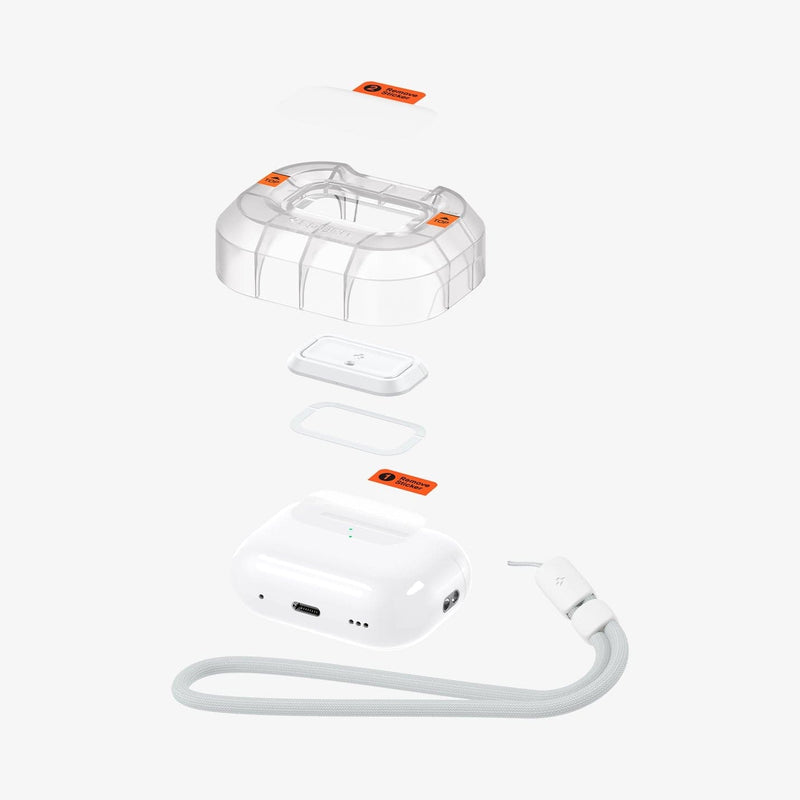 ASD06090 - Apple AirPods Pro / AirPods Pro 2 Case Lock Fit in white showing the multiple layers of lockfit ez fit tray hovering above AirPods Pro and lanyard