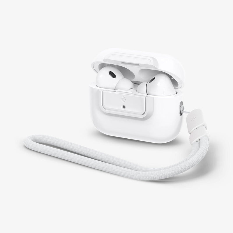 ASD06090 - Apple AirPods Pro / AirPods Pro 2 Case Lock Fit in white showing the front, side with lanyard attached and top slightly open with AirPods inside