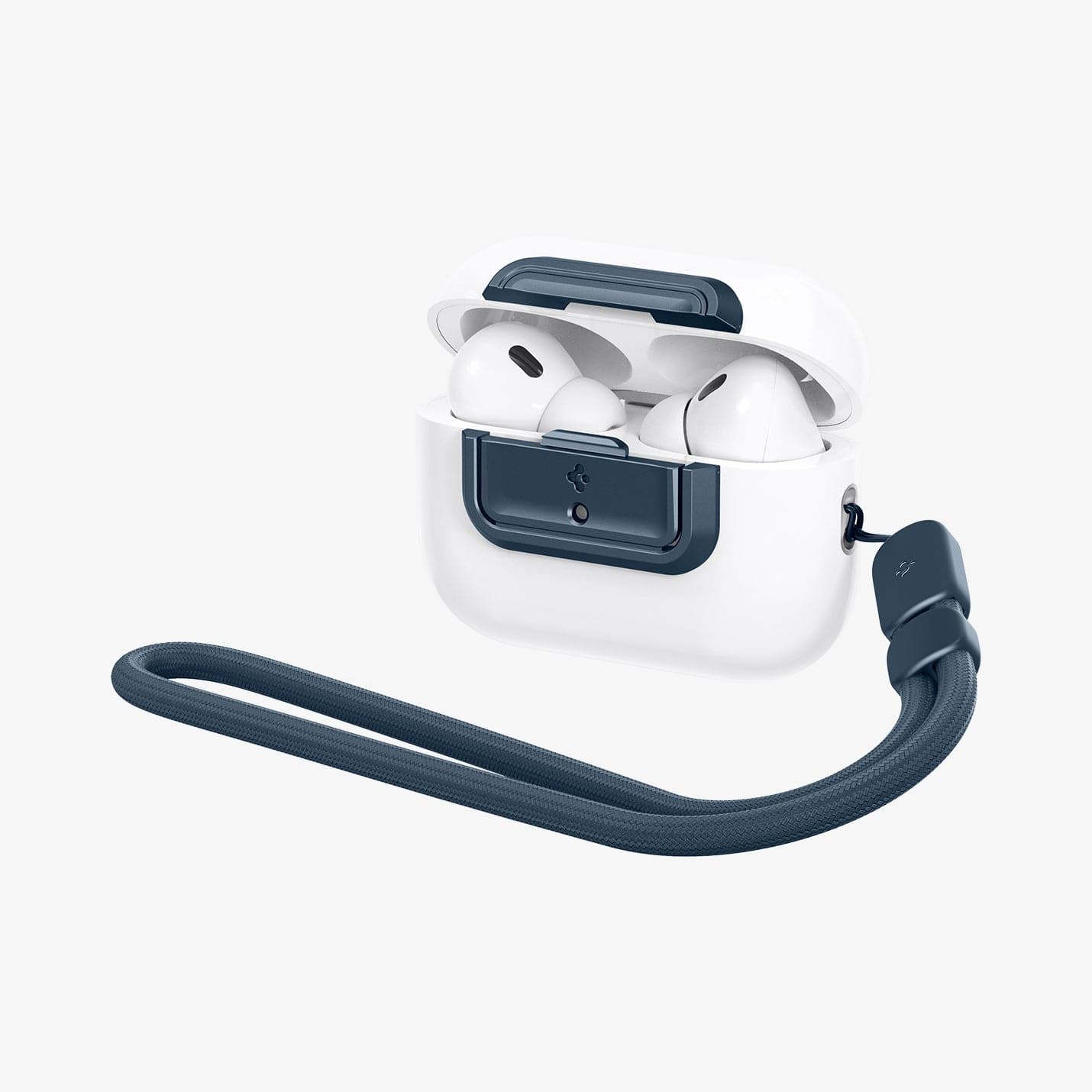 ASD06153 - AirPods Pro 2 Lock Fit M in Metal Slate showing the front, side with lanyard attached and top slightly open with AirPods inside