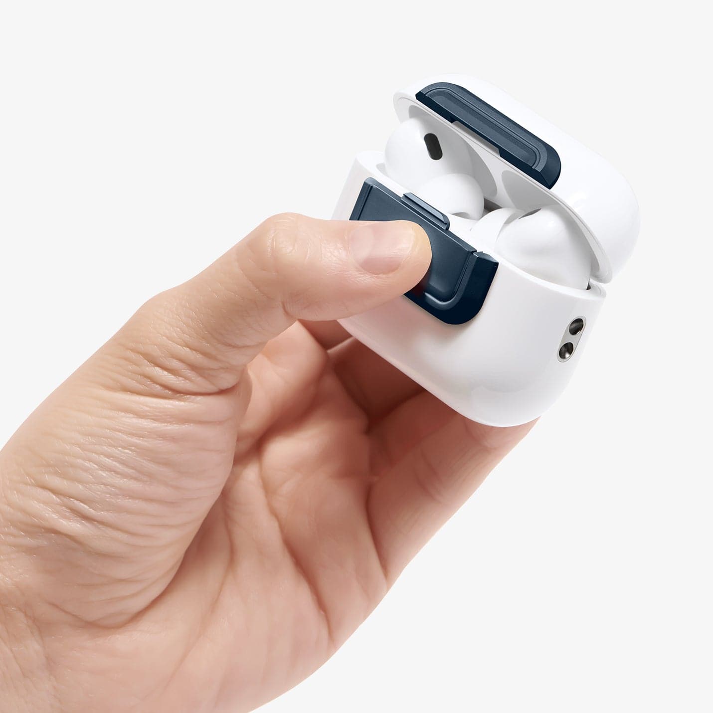 ASD06153 - AirPods Pro 2 Lock Fit M in Metal Slate showing the AirPods in someone's hand with top open