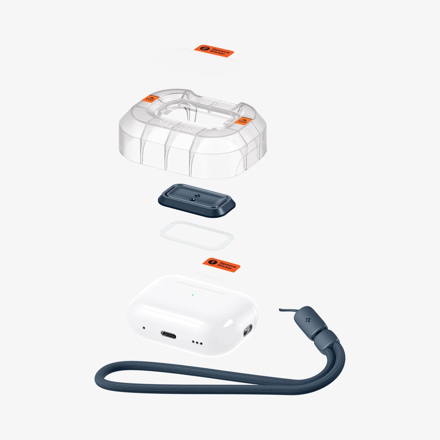ASD06153 - AirPods Pro 2 Lock Fit M in Metal Slate showing the multiple layers of lockfit ez fit tray hovering above AirPods Pro and lanyard