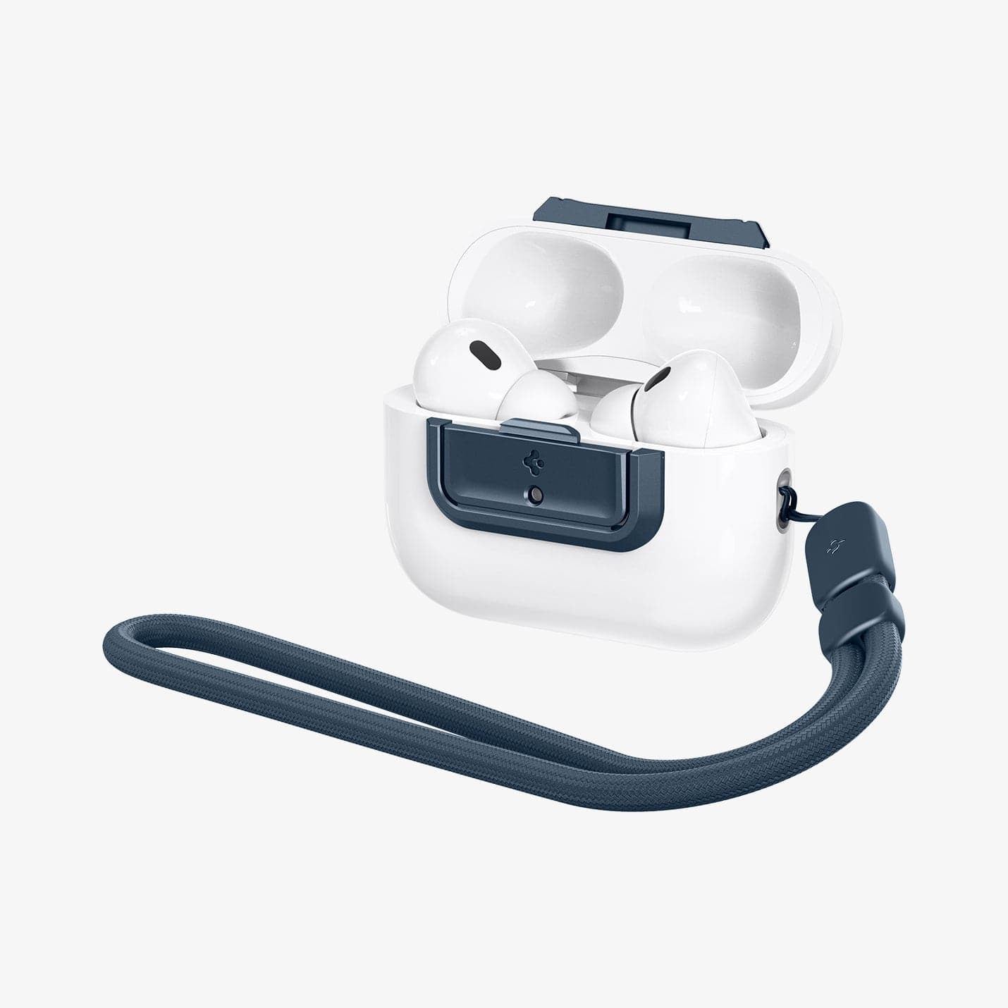 ASD06153 - AirPods Pro 2 Lock Fit M in Metal Slate showing the front and side with lanyard attached and top open with AirPods inside