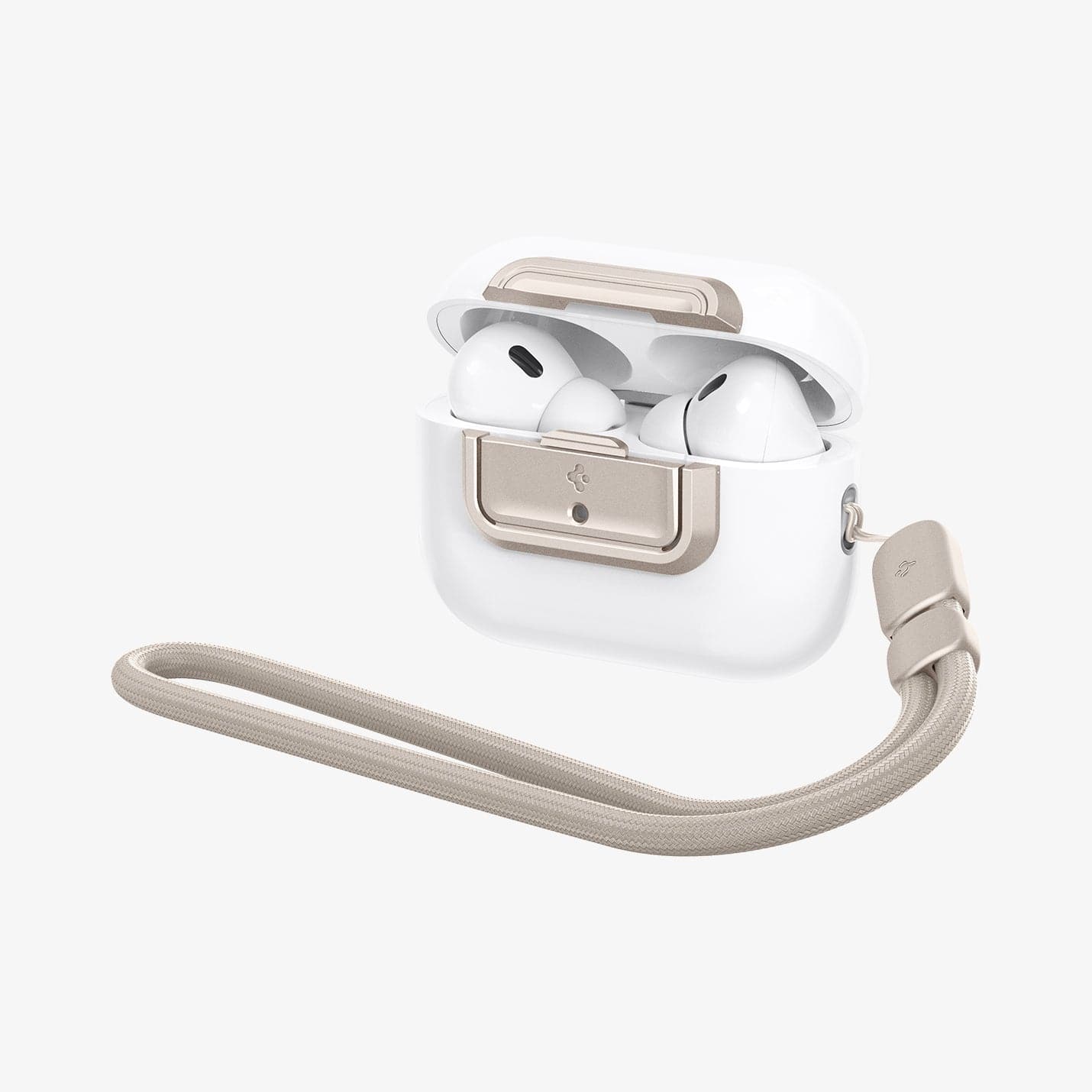 ASD06154 - AirPods Pro 2 Lock Fit M in Starlight showing the front, side with lanyard attached and top slightly open with AirPods inside