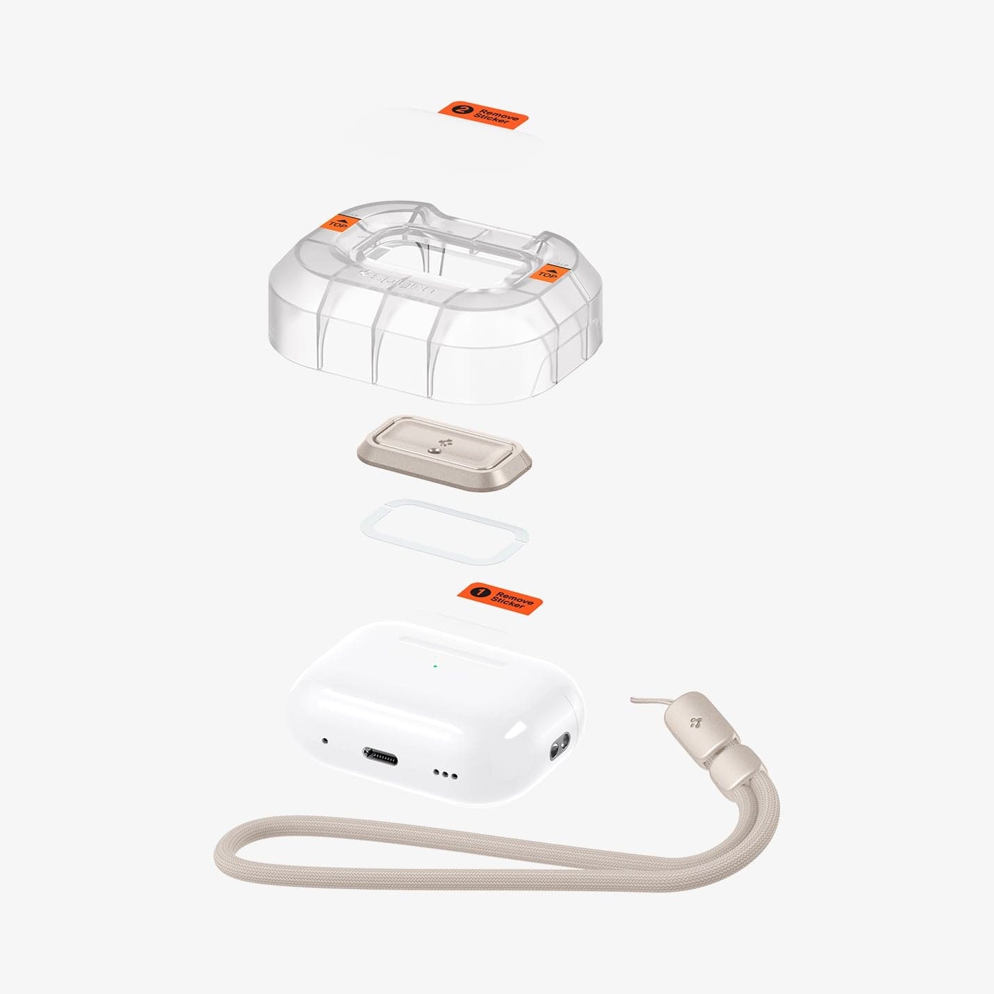 ASD06154 - AirPods Pro 2 Lock Fit M in Starlight showing the multiple layers of lockfit ez fit tray hovering above AirPods Pro and lanyard