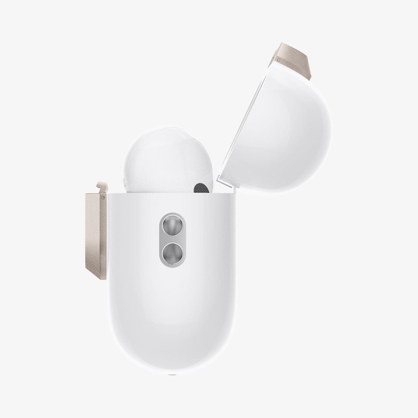 ASD06154 - AirPods Pro 2 Lock Fit M in Starlight showing the side with top open and AirPods inside