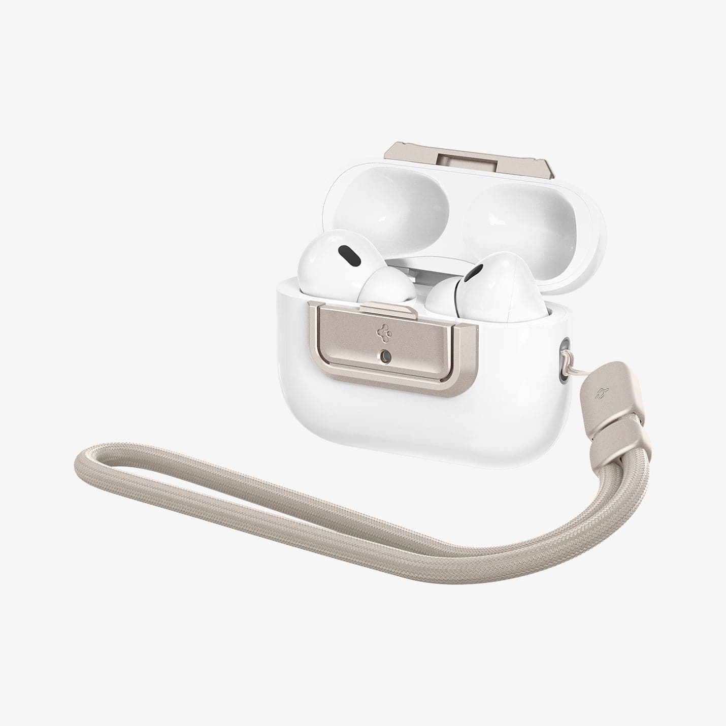 ASD06154 - AirPods Pro 2 Lock Fit M in Starlight showing the front and side with lanyard attached and top open with AirPods inside