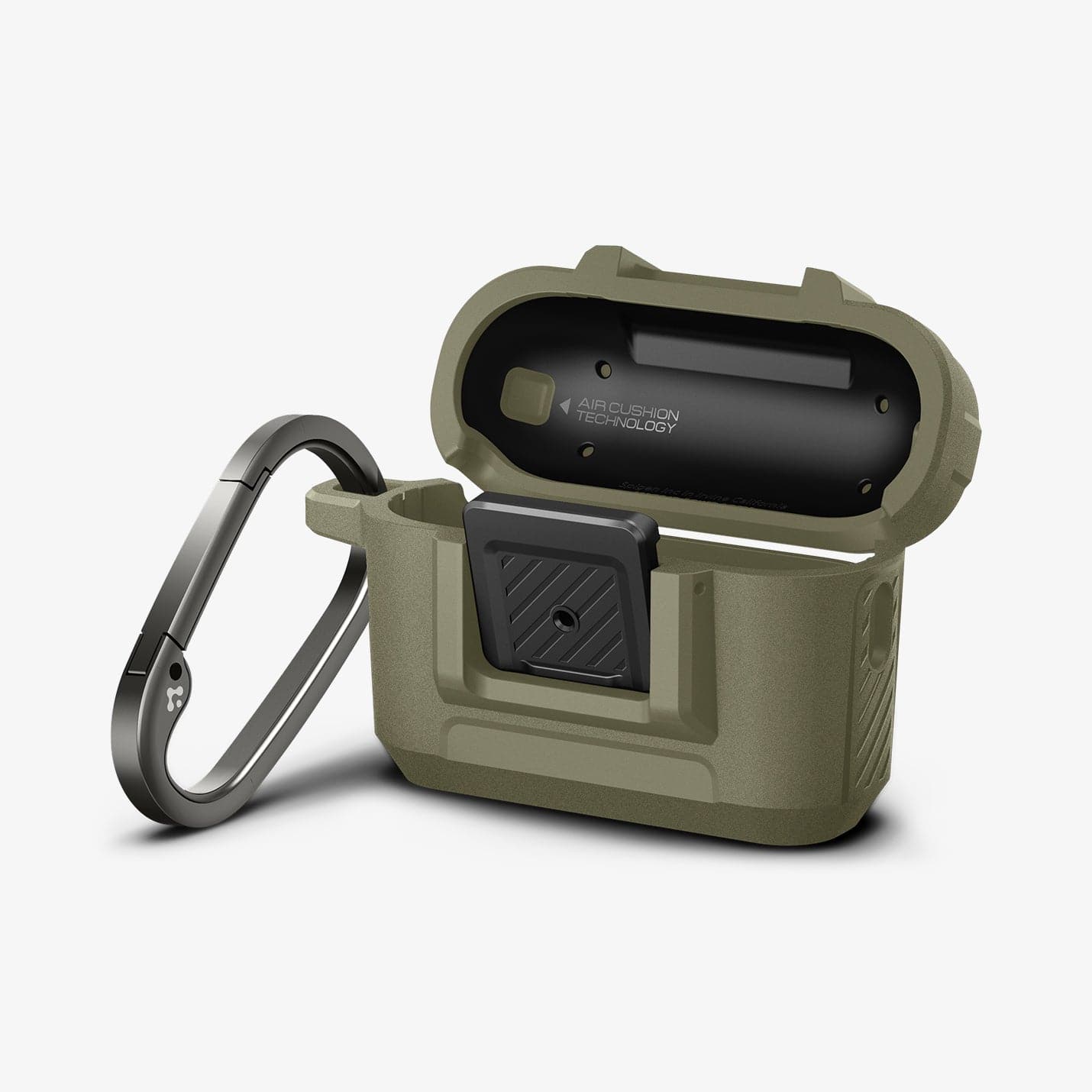 ACS05911 - Apple AirPods Pro 2 Case Lock Fit in vintage khaki showing the front and side with carabiner and top open