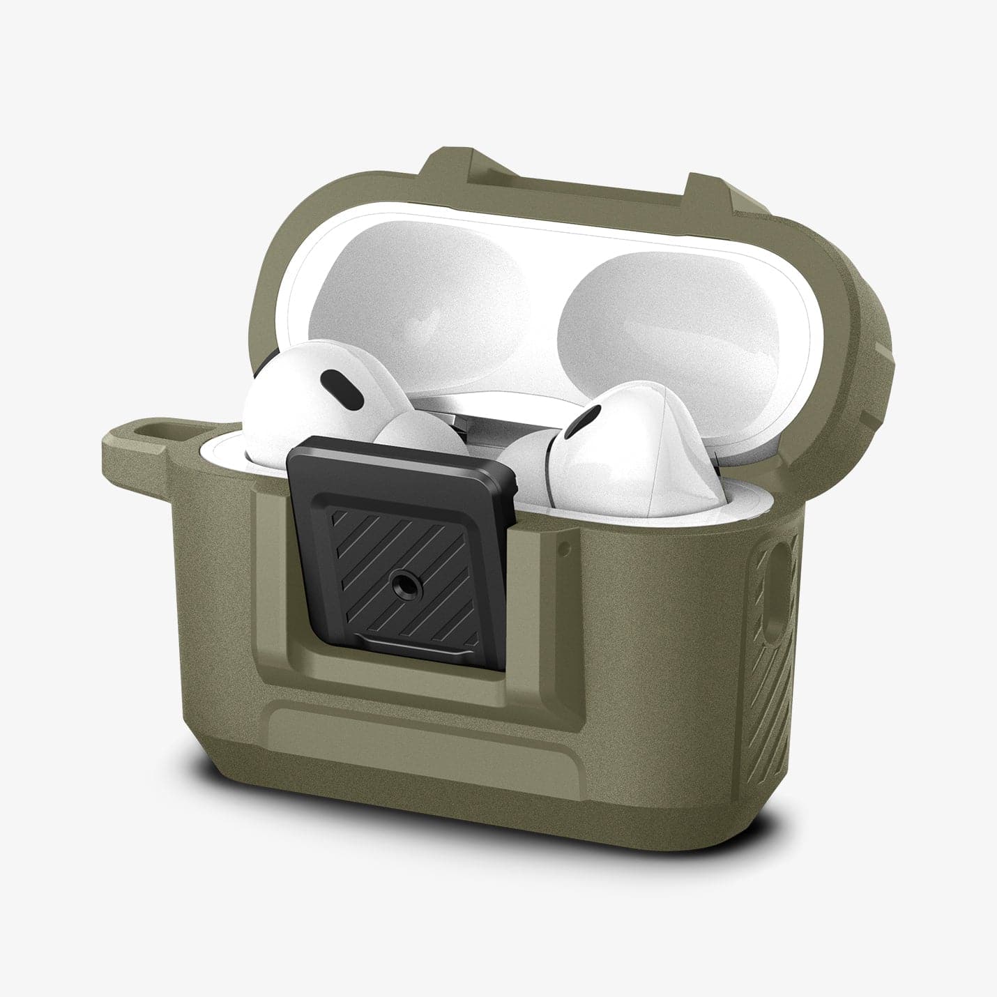 ACS05911 - Apple AirPods Pro 2 Case Lock Fit in vintage khaki showing the front and side with top open and AirPods inside