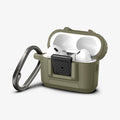 ACS05911 - Apple AirPods Pro 2 Case Lock Fit in vintage khaki showing the front, side with carabiner and top open with AirPods inside
