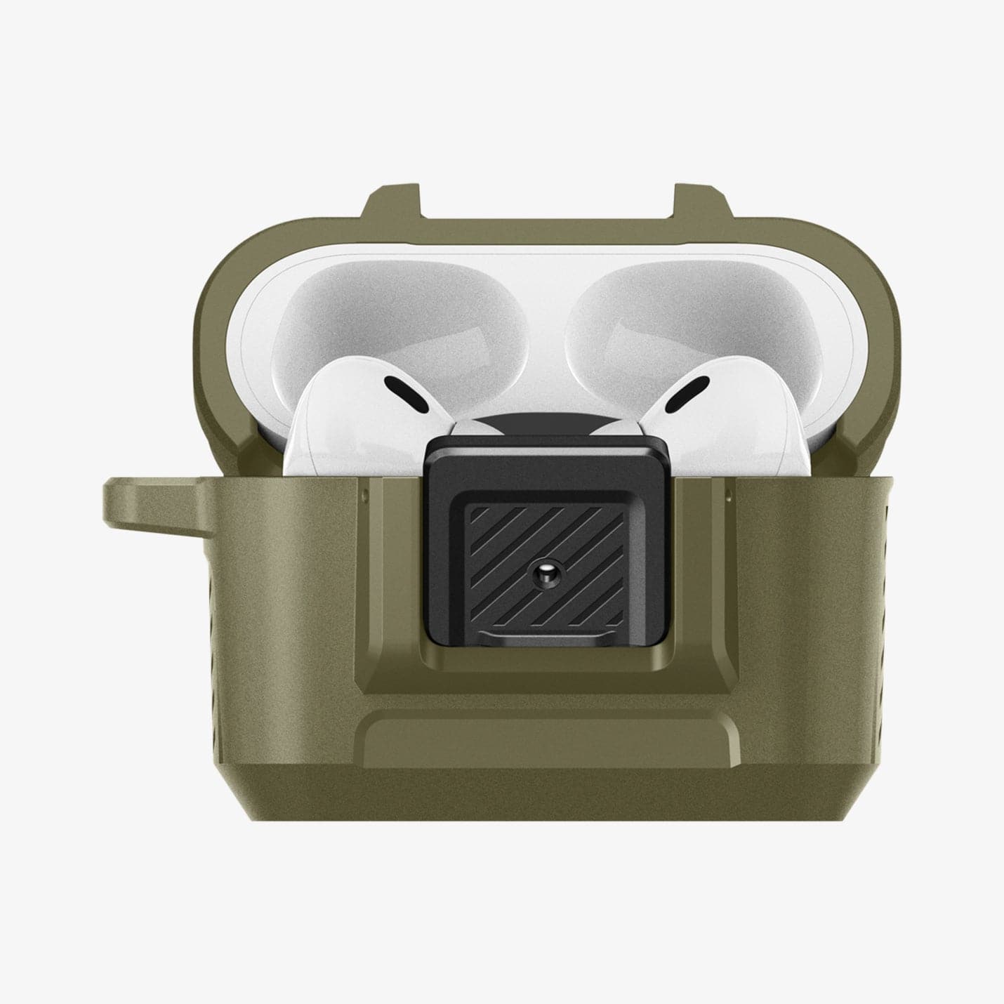 ACS05911 - Apple AirPods Pro 2 Case Lock Fit in vintage khaki showing the front with top open and AirPods inside
